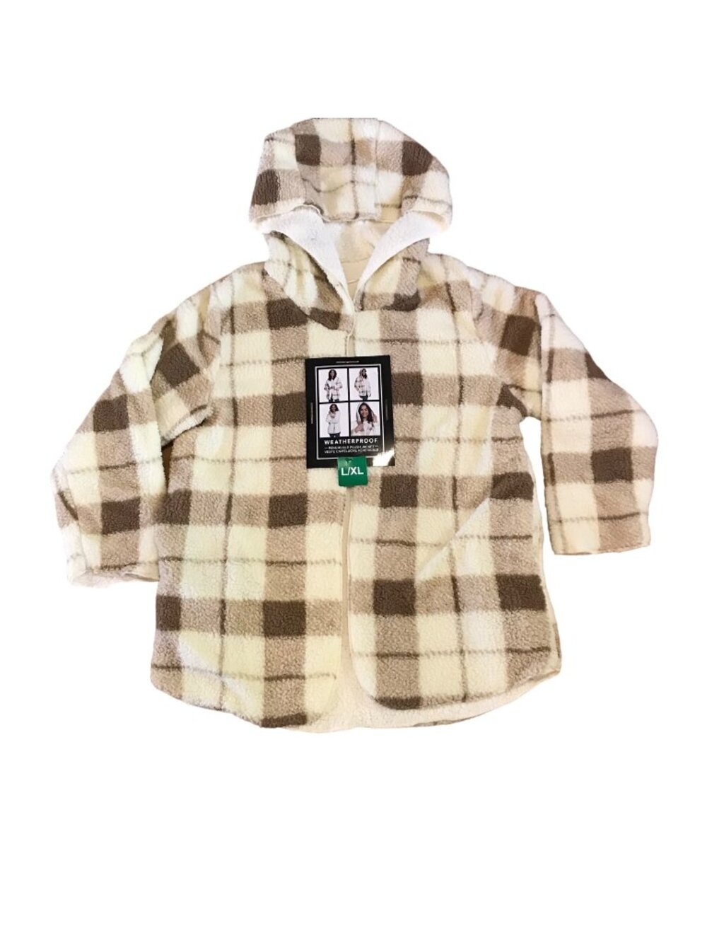 Weatherproof Plush Jacket Women Lg XL Reversible Hood Beige Brown Plaid New
